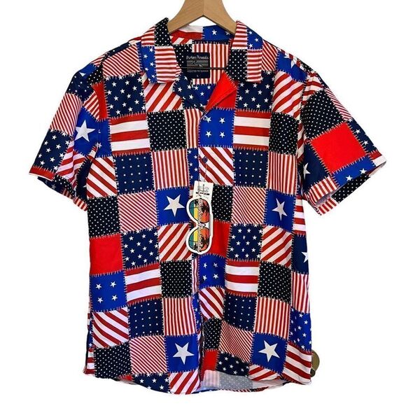 Broken Threads Surf Patriotic US Flag Print UV Protection Camp Pool Shirt Sz L‎ - Picture 1 of 6